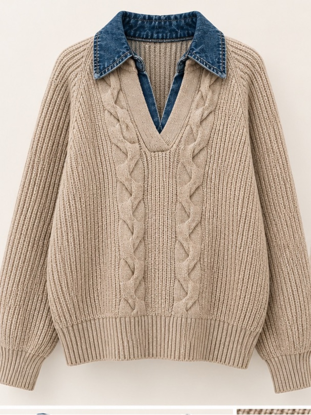 COMMENSE Beige Cable V-Neck Sweater with Denim Trim